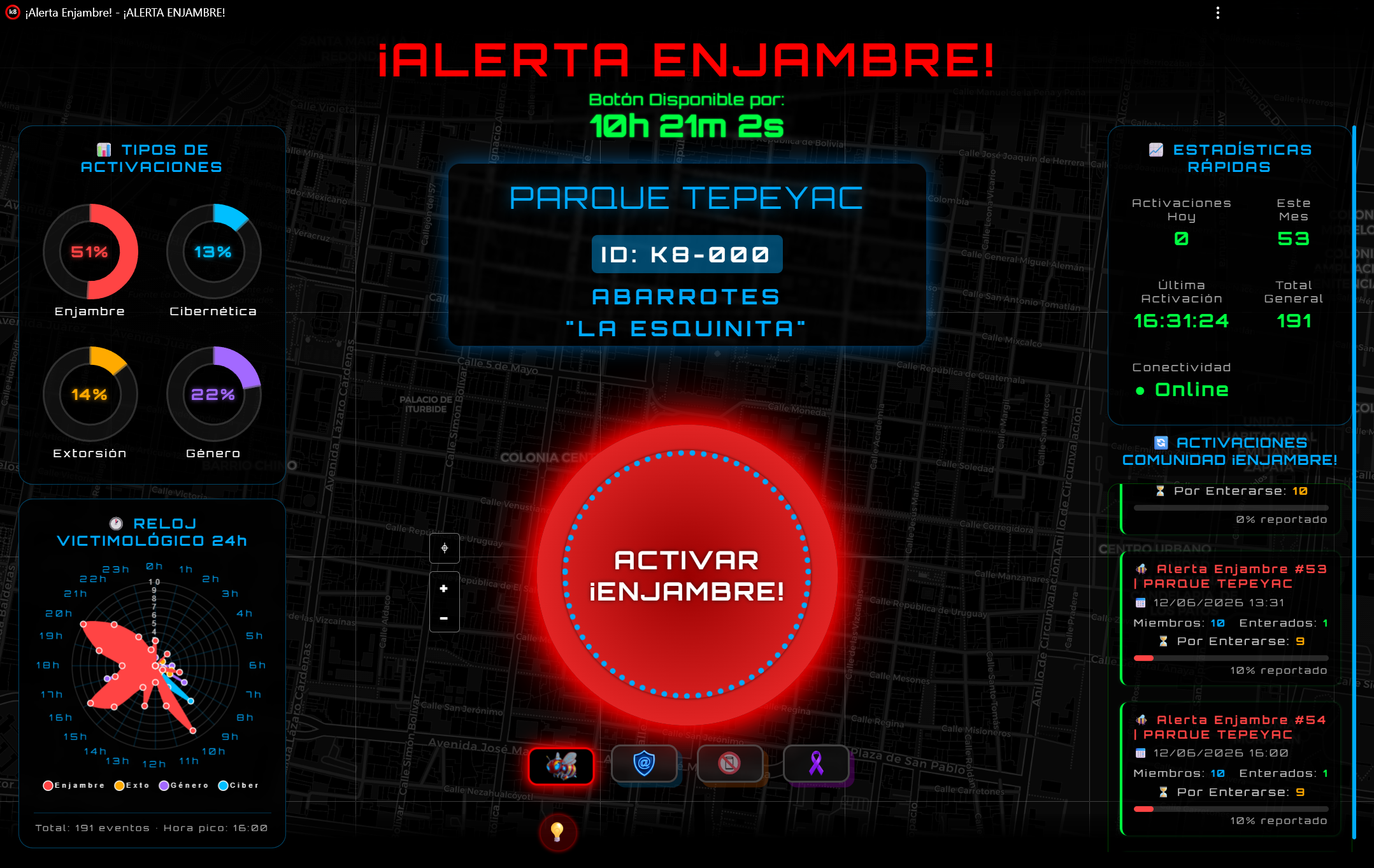 Pantalla completa de Alerta Enjambre - Vista escritorio